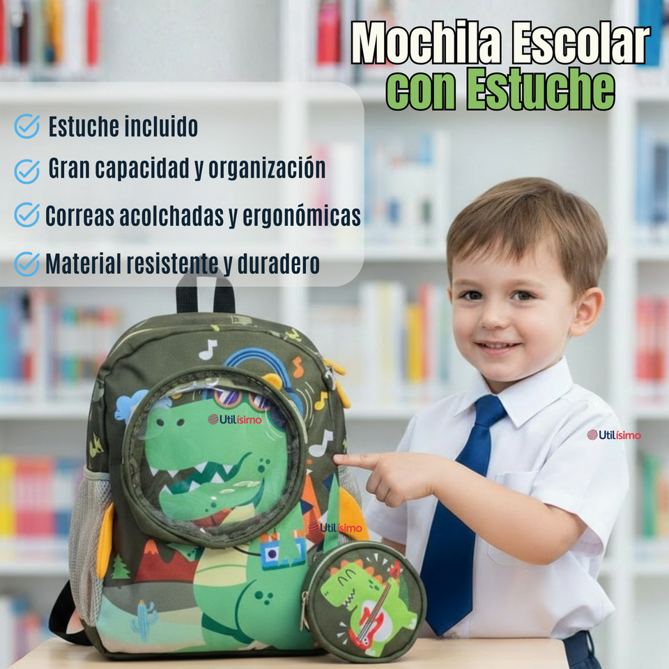 Mochila Escolar Con Estuche 33cm Poliéster Impermeable Dinosaurio Niño