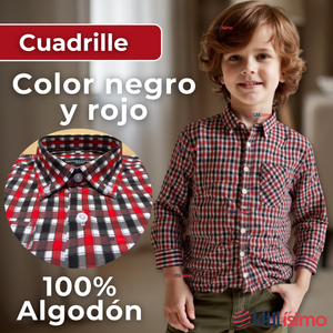 Camisa Huaso Cuadrillé Cuadro Manga Larga 100% Algodón Negro Rojo Casual
