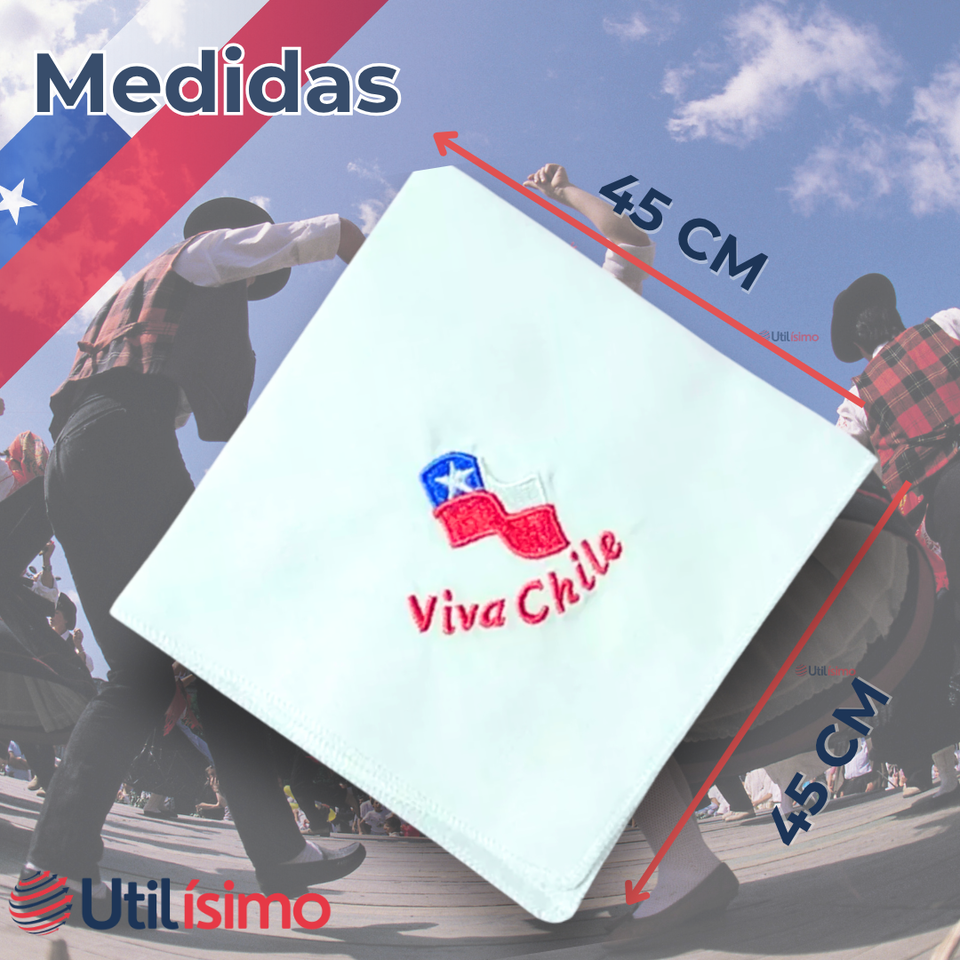Pack 6 Pañuelos Baile Cueca 45CM Bordado Viva Chile Fiestas Patrias