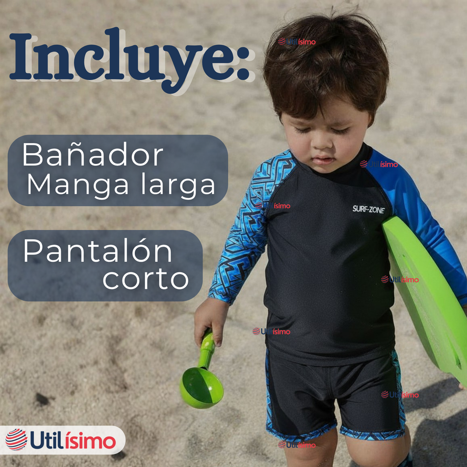 Traje de Baño Manga Larga Pantalón Corto 2 Piezas Corte Split Niño 3 a 11 años Black