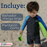 Traje de Baño Manga Larga Pantalón Corto 2 Piezas Corte Split Niño 3 a 11 años Black