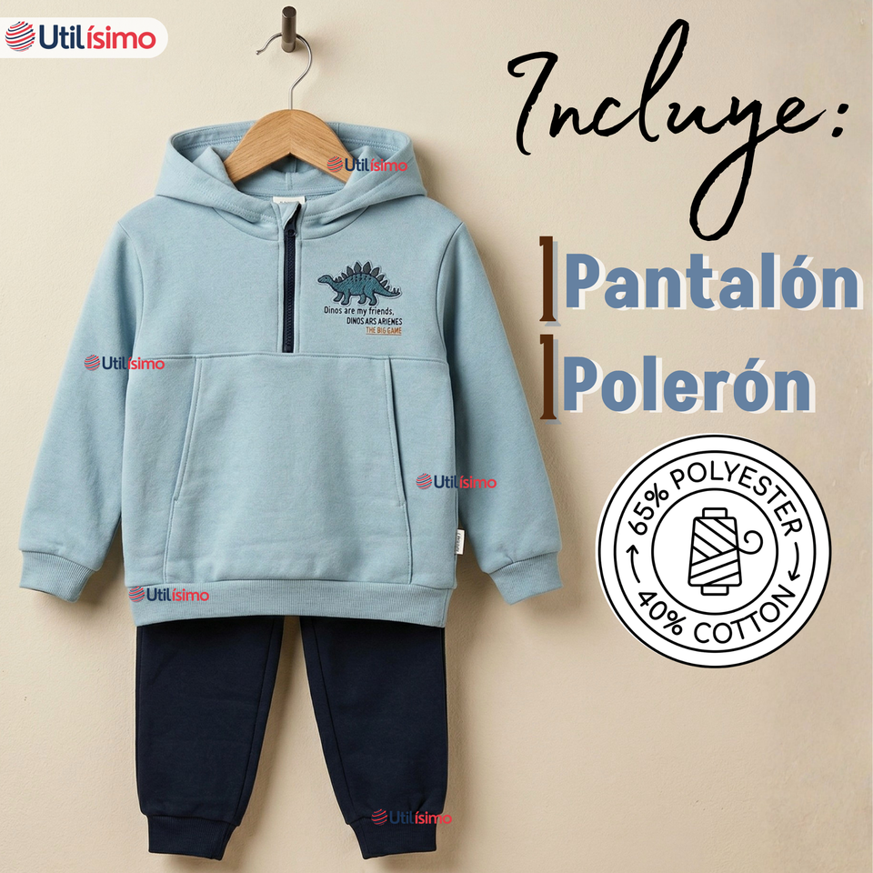 Conjunto 2 Piezas Buzo Pantalón Y Polerón Con Capucha Azul Dinosaurio Niño