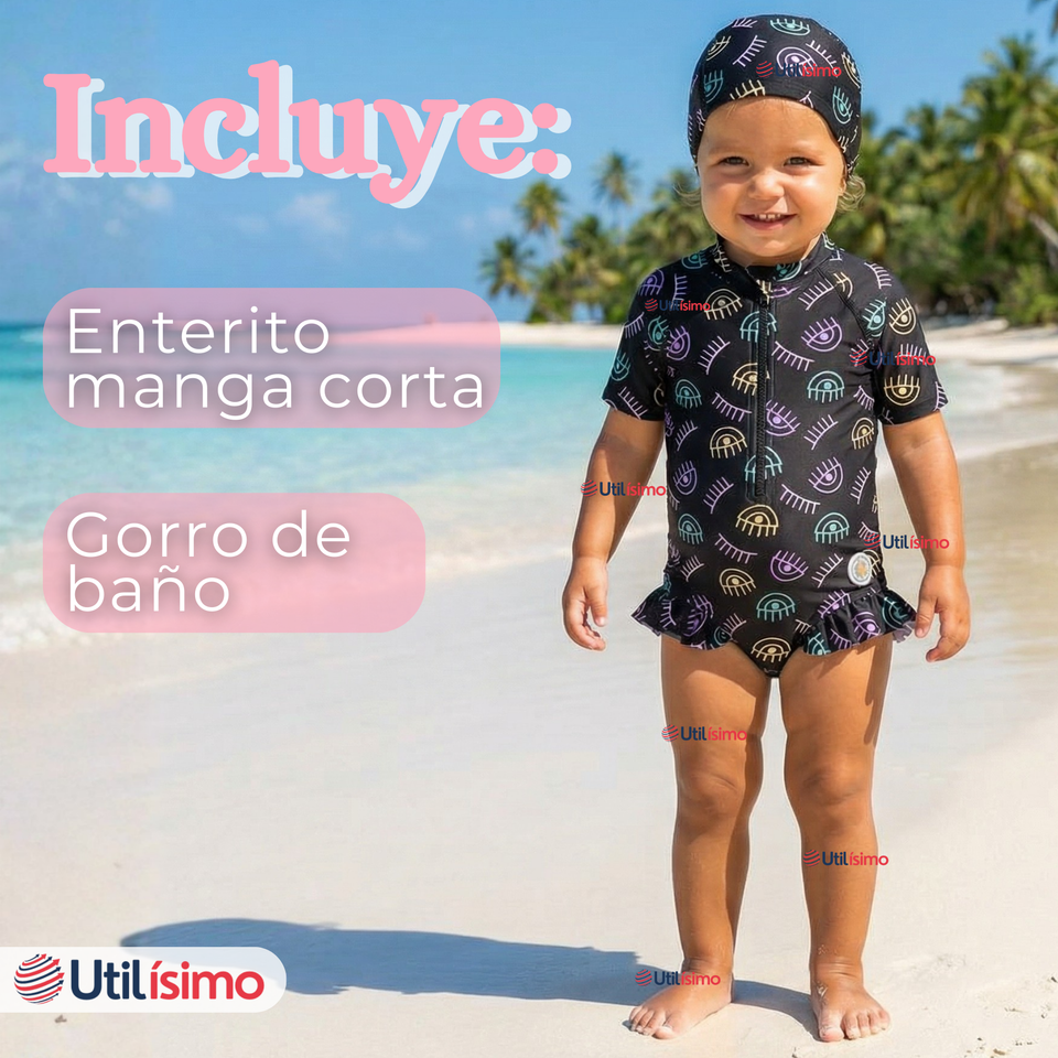 Traje de Baño Enterito Cremallera Manga Larga Con Gorro Niña 1 a 6 años Black