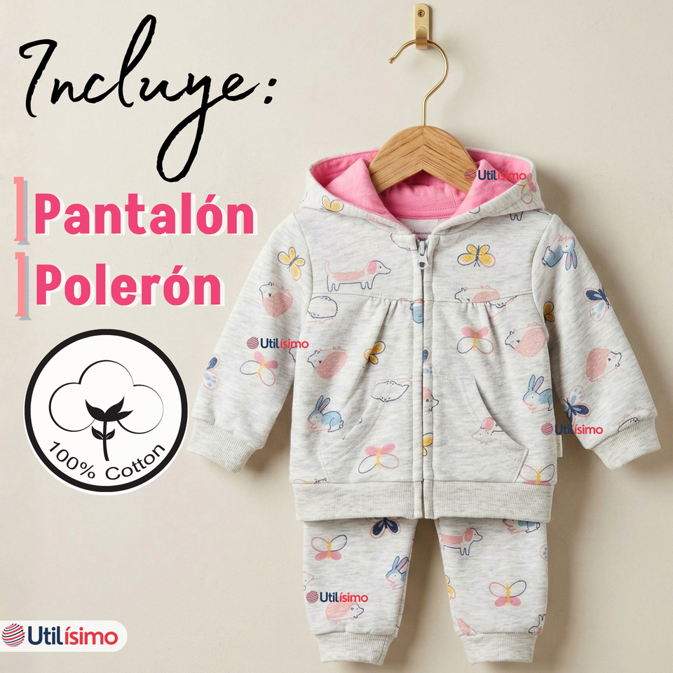 Conjunto 2 Piezas Buzo Pantalón Y Polerón De Algodón Gris Mariposas Bebé Niña