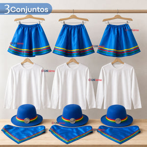 Pack 3 Trajes Nortinos Juveniles Con Poleras 4 Piezas Azul Baile Típico Fiestas Patrias