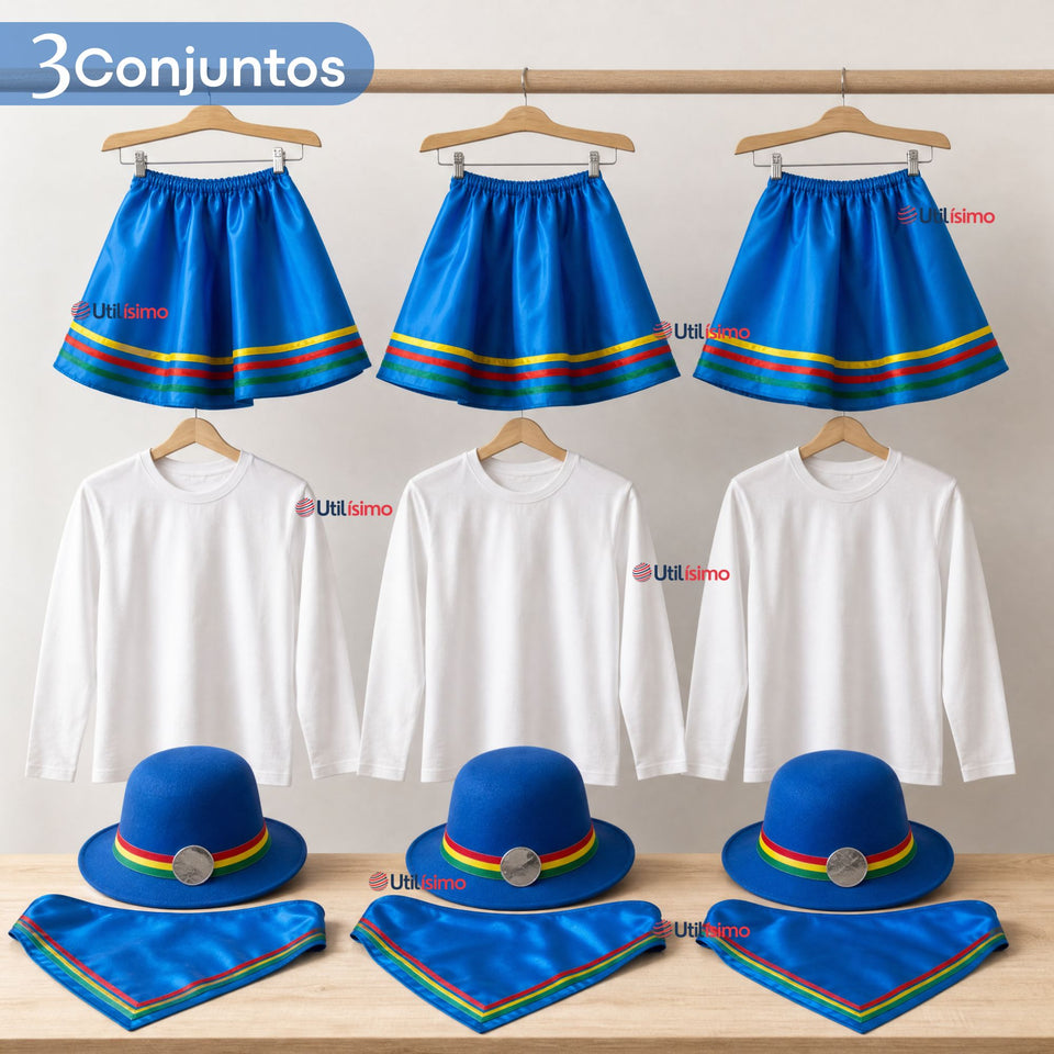 Pack 3 Trajes Nortinos Juveniles Con Poleras 4 Piezas Azul Baile Típico Fiestas Patrias