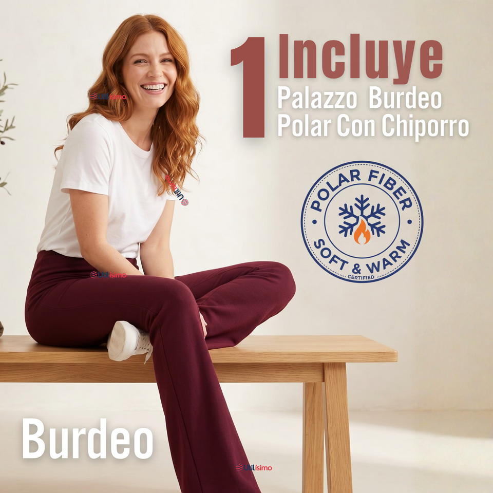 Calza Polar Con Chiporro Palazzo Mujer Elasticada Térmica Burdeo