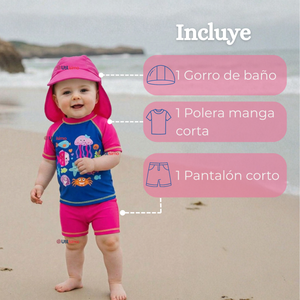 Traje De Baño Manga Corta Pantalón Con Gorro 3 Piezas Bebé Niña Marine Adventure