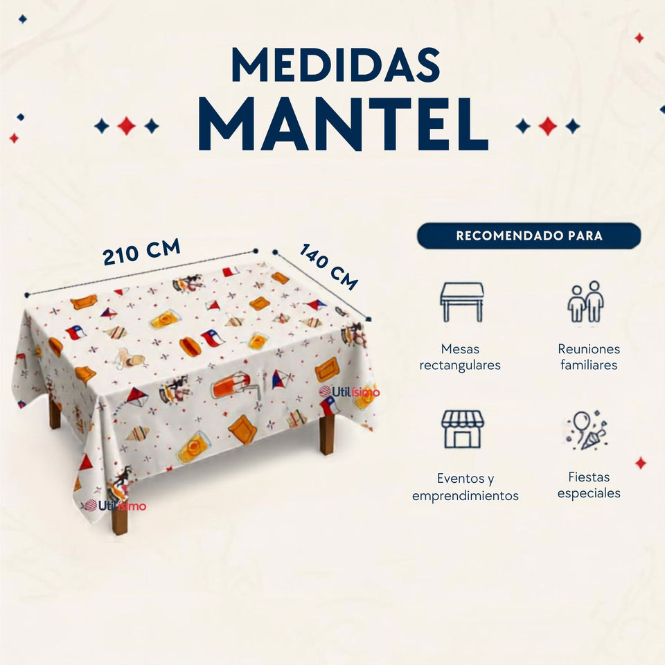 Mantel Rectangular 140x210 cm 100% Poliéster Fiestas Patrias Chile