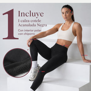 Calza Acanalada Cotelé Polar Con Chiporro Térmica Mujer Elásticada Negra