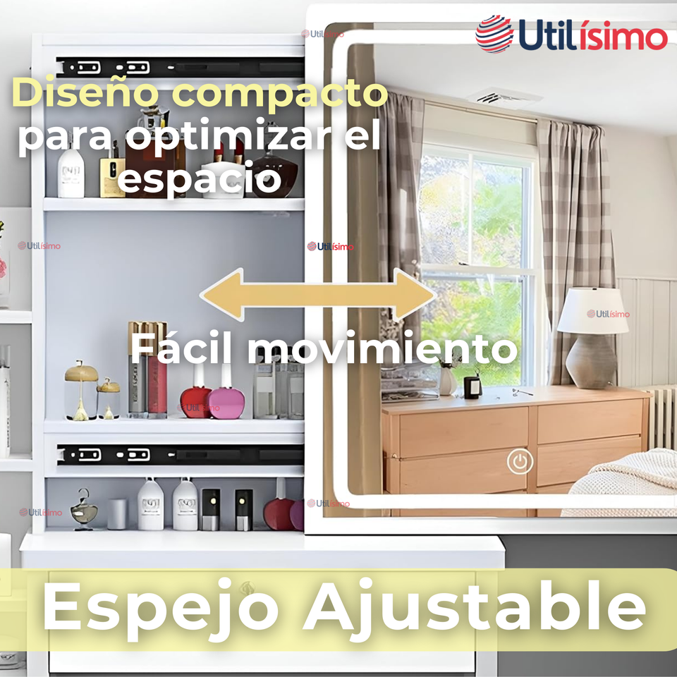 Tocador Y Taburete De Lujo Espejo Ajustable Con Luz Integrada 4 Cajones MDF Blanco 80x40x135cm