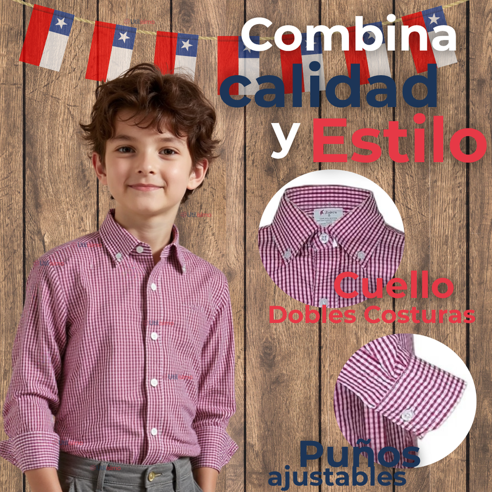 Camisa Huaso Cuadrillé Algodón Niño Juvenil Color Rojo