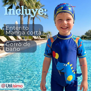 Traje de Baño Enterito Cremallera Manga Corta Con Gorro Niño 2 a 4 años Blue Dinosaur