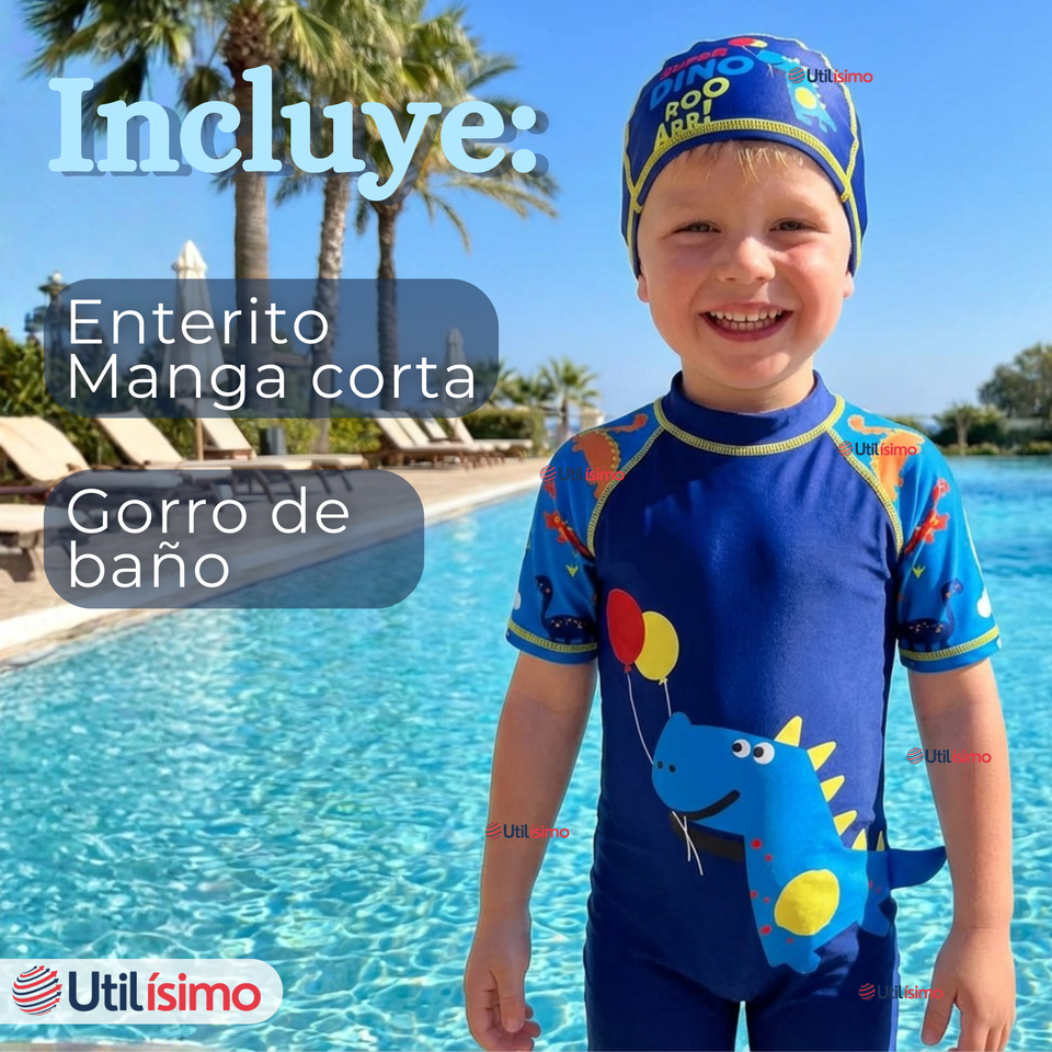 Traje de Baño Enterito Cremallera Manga Corta Con Gorro Niño 2 a 4 años Blue Dinosaur
