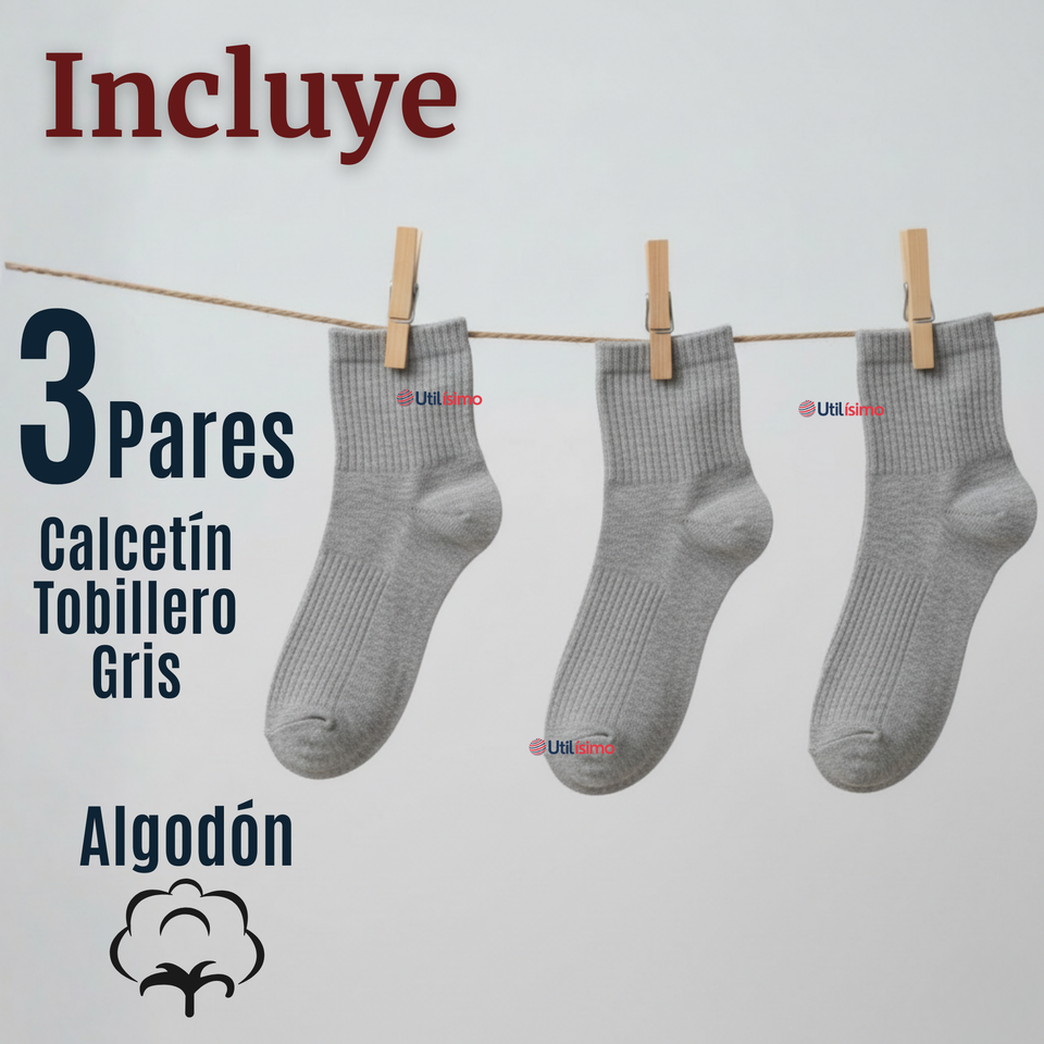 Pack 3 Pares Calcetines Tobilleras Cortos Algodón Color Gris Niña y Niño
