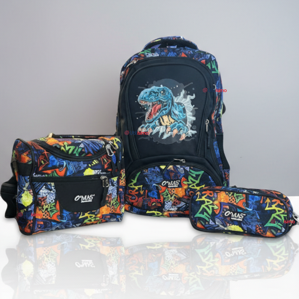 Mochila Escolar Kit Con Estuche y Lonchera 43cm Tela Oxford Dino Niño