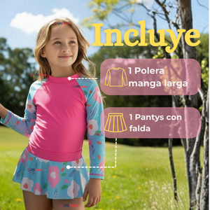 Traje De Baño Manga Larga Estilo Tankini Con Falda Niña 2 a 7 años Pretty Flowers