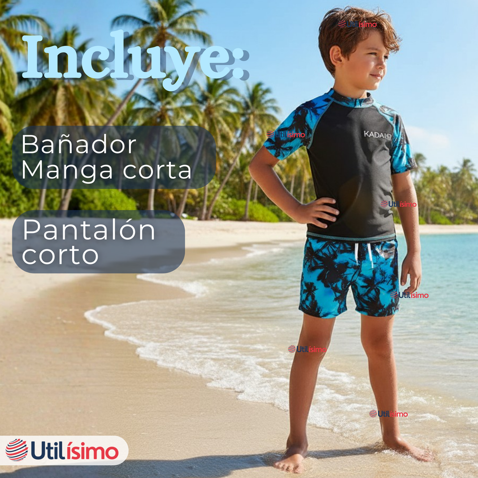 Traje de Baño Pantalón Corto Manga Corta 2 Piezas Corte Split Niño 4 a 6 años Black