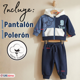 Conjunto 2 Piezas Buzo Pantalón Y Polerón Con Capucha De Algodón Azul Bebé Niño