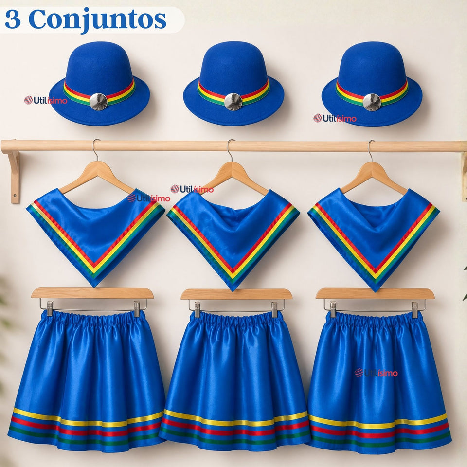 Pack 3 Trajes Nortinos Con Sombreros Niña Baile Típico 3 Piezas Fiestas Patrias Blue Beauty