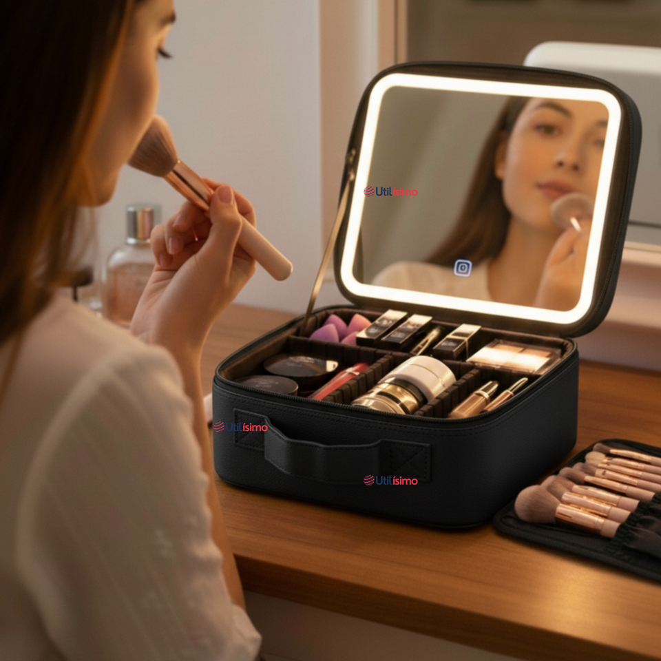 Estuche Maquillaje 2 en 1 Bolso Cosmetiquero Espejo Con Luz Led Organizador