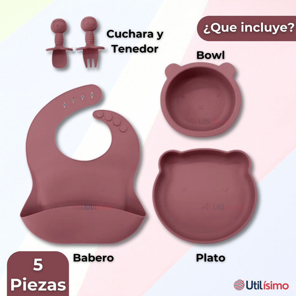 Set De Alimentación Bebé Silicona 5 Piezas De Osito Libre BPA Colores Surtidos