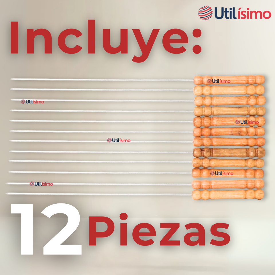 Pack 12 Pinchos De 40cm Para Anticuchos Brochetas Asados Mango De Madera