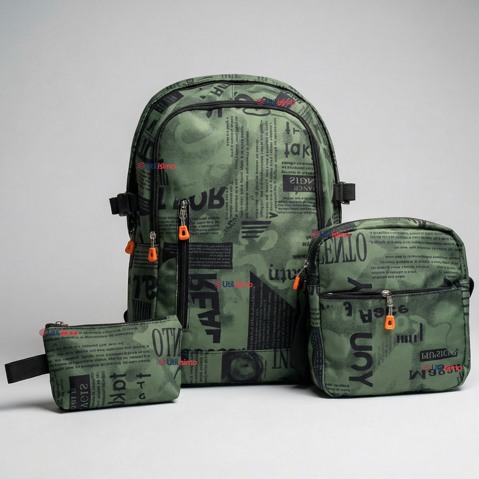 Mochila Escolar + Estuche + Lonchera 49cm Tela Oxford Verde Militar Niño