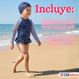 Traje de Baño Enterito Cremallera Manga Larga Con Gorro Niña 1 a 8 años Blue Flowers