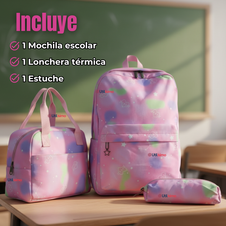 Mochila Escolar Kit Con Estuche y Lonchera 43cm Tela Oxford Niña