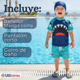 Traje de Baño Con Gorro Pantalón Corto Manga Corta 3 Piezas Corte Split Niño 2 a 8 años Blue Shark