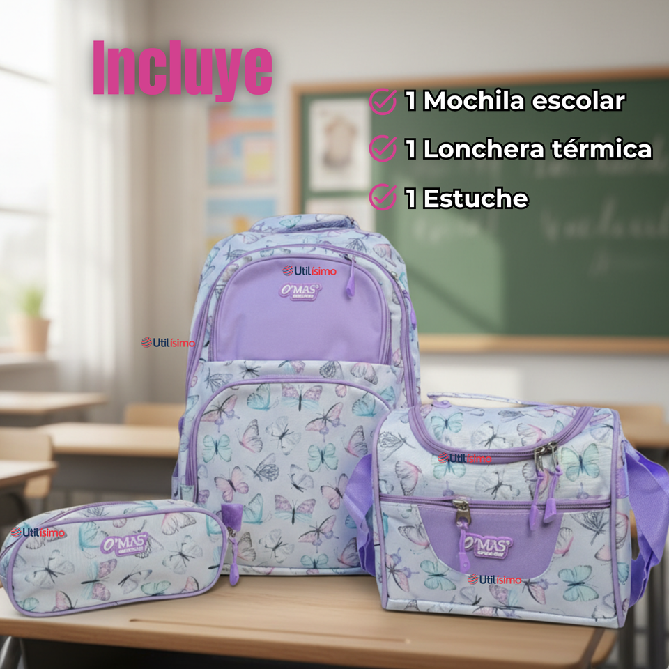 Mochila Escolar Kit Con Estuche y Lonchera 43cm Tela Oxford Niña