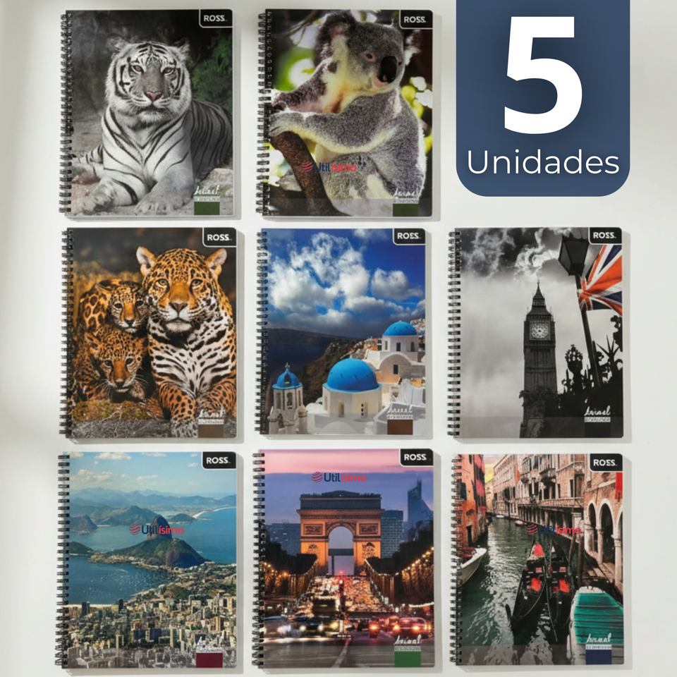 Pack 5 Cuadernos Universitario Animal & Places Ross 7mm 100 hojas Diseños Surtidos