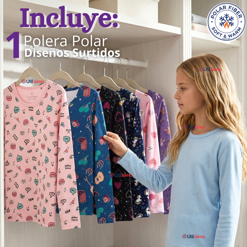 Camiseta Polera Polar Primera Capa Basica Pijama Manga Larga Diseños Surtidos Niña