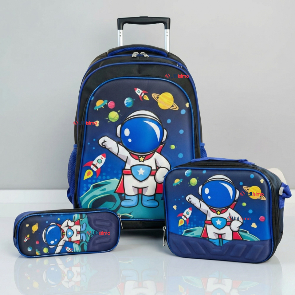 Mochila Escolar Con Ruedas + Estuche + Lonchera Poliéster Astronauta Niño