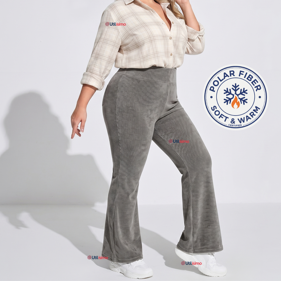 Pantalón Cotelé Palazzo Polar Con Chiporro Elasticado Térmico Gris Melange