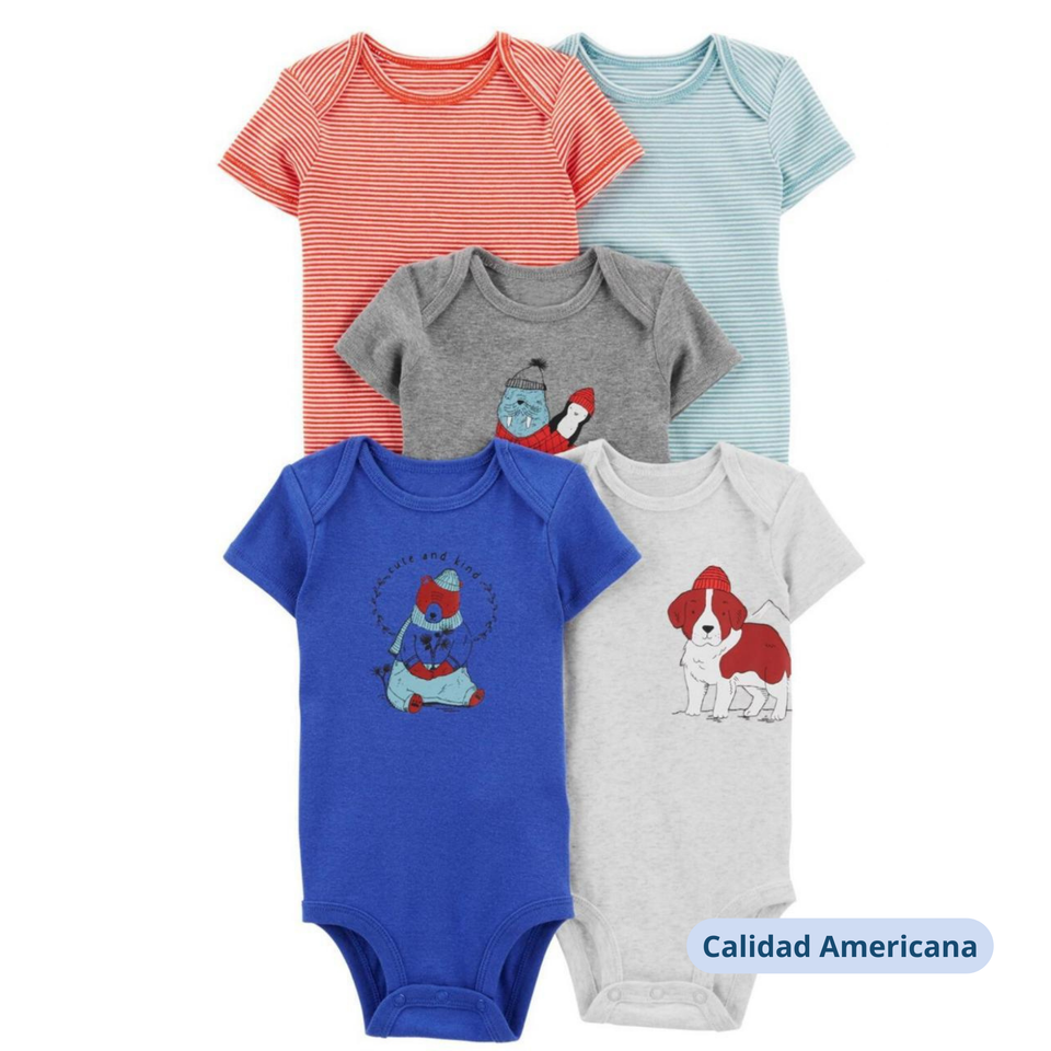 Pack 5 Bodys Niño Manga Corta Tedmimak 100% Algodón Puercoespín Azul