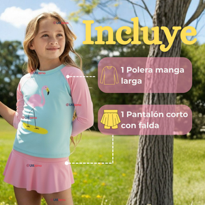 Traje De Baño Manga Larga y Pantalón Corto Con Falda Niña 2 a 7 años Pink Flamingo