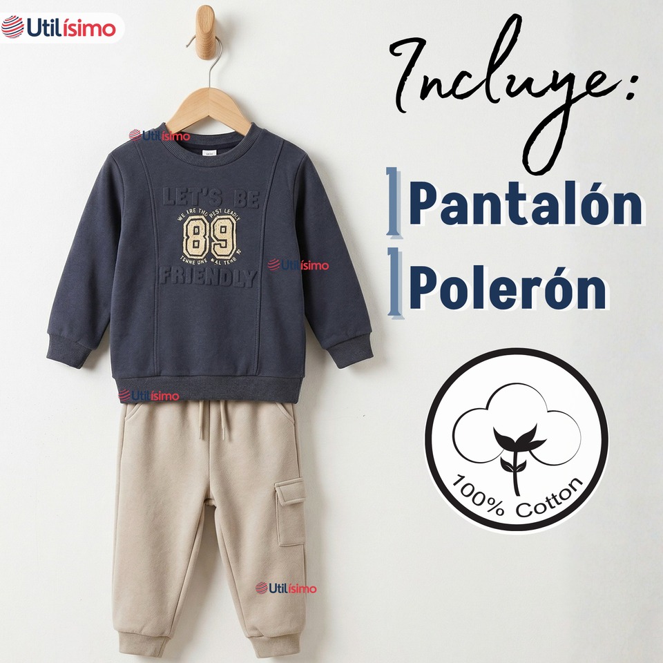 Conjunto 2 Piezas Buzo Pantalón Y Polerón De Algodón Azul Niño