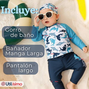 Traje de Baño Con Gorro Pantalón Largo 3 Piezas Corte Split Manga Larga Niño 3 a 11 años White Shark