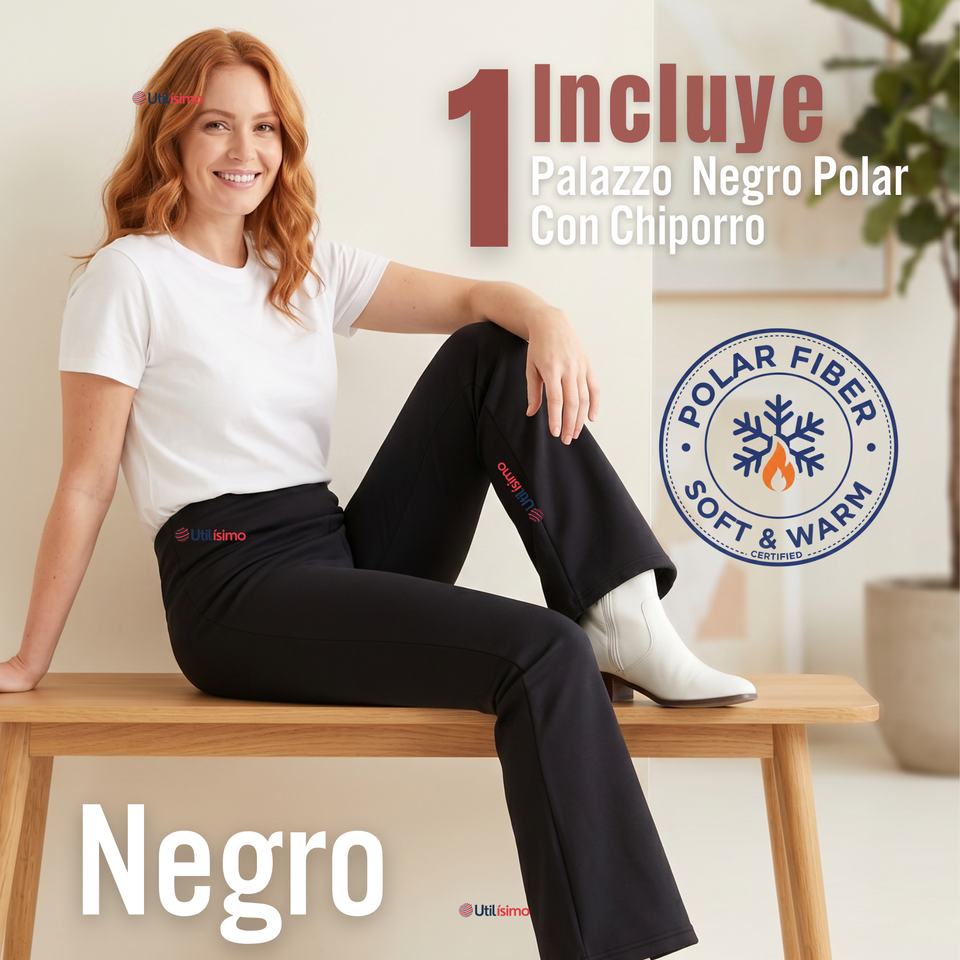 Calza Polar Con Chiporro Palazzo Mujer Elasticada Térmica Negra