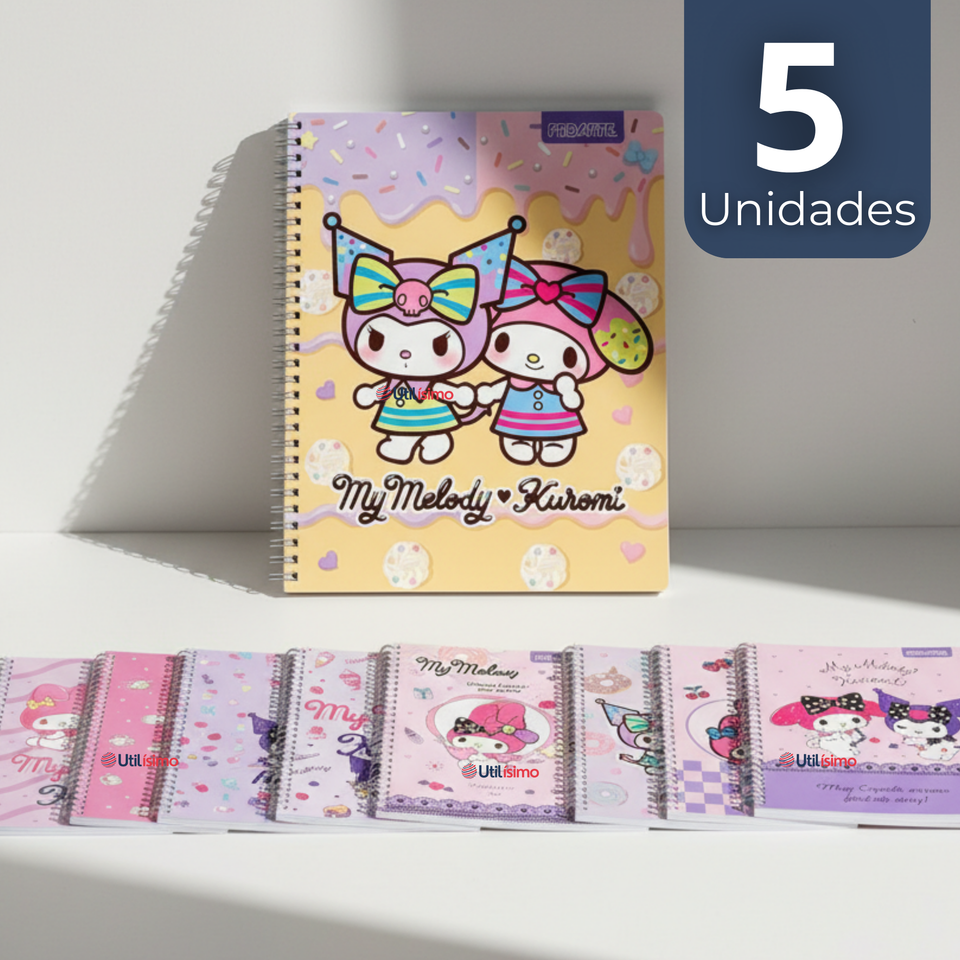 Pack 5 Cuadernos Universitario My Melody & Kuromi Proarte 7mm 100 Hojas Diseños Surtidos