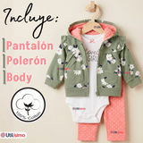 Conjunto 3 Piezas Buzo Pantalón Polerón Body De Algodón Verde Flores Bebé Niña