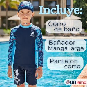 Traje de Baño Con Gorro Pantalón Corto Manga Larga 3 Piezas Corte Split Niño 2 a 8 años Blue
