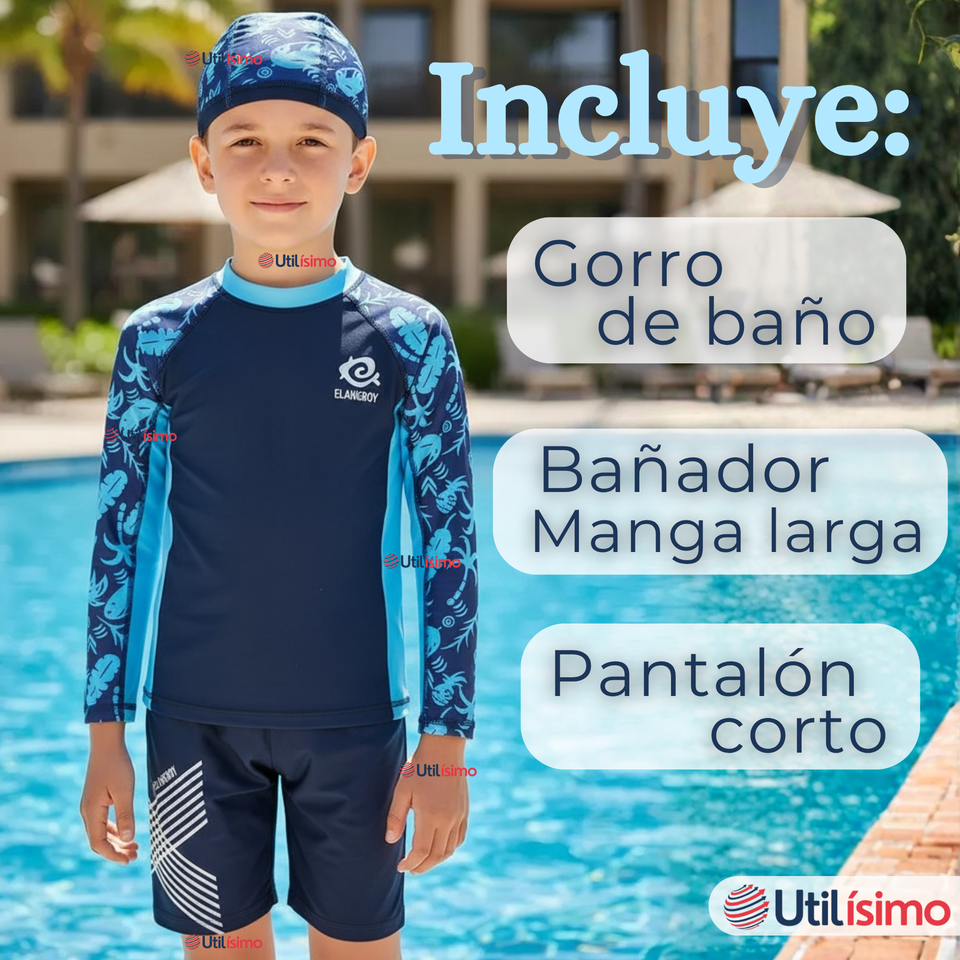 Traje de Baño Con Gorro Pantalón Corto Manga Larga 3 Piezas Corte Split Niño 2 a 8 años Blue