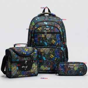 Mochila Escolar + Estuche + Lonchera 45cm Tela Oxford Estampado de Dinosaurio Niño