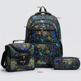 Mochila Escolar + Estuche + Lonchera 45cm Tela Oxford Estampado de Dinosaurio Niño