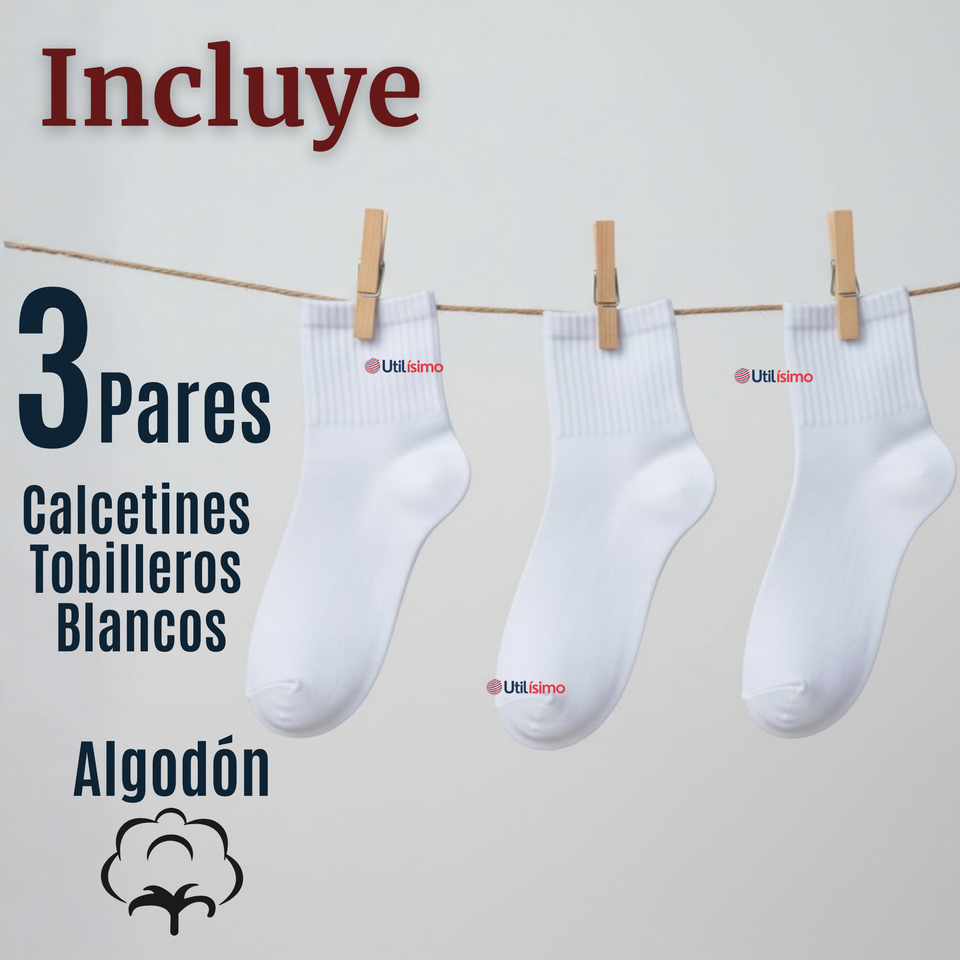 Pack 3 Pares Calcetines Tobilleras Cortos  Algodón Color Blanco Niña y Niño