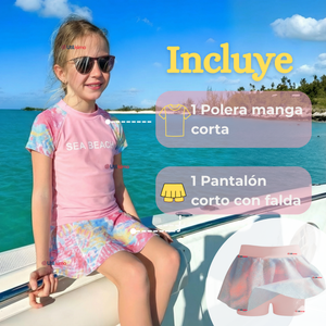 Traje De Baño Manga Corta y Pantalón Corto Con Falda 2 Piezas Niña de 6 a 13 Años Sea Beach