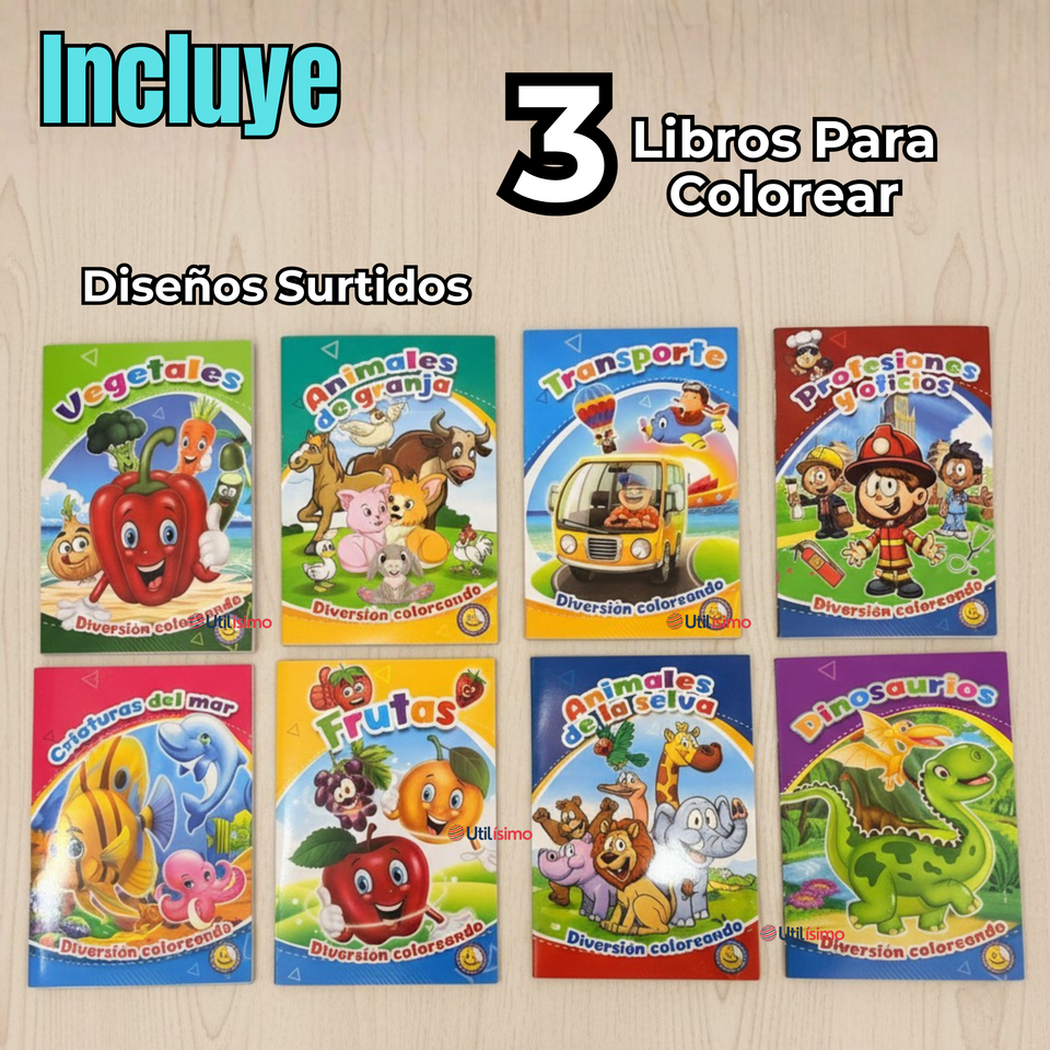 Pack 3 Libro Para Colorear Pintar  Educativo Con Stickers Diseños Surtidos